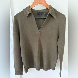 THEORY Cashmere Polo Sweater, Olive green, size M